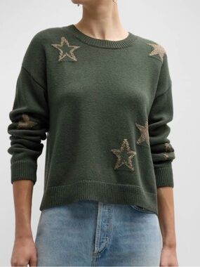 Rails Olive Crewneck Sweater with Gold Star Appliqués NWT